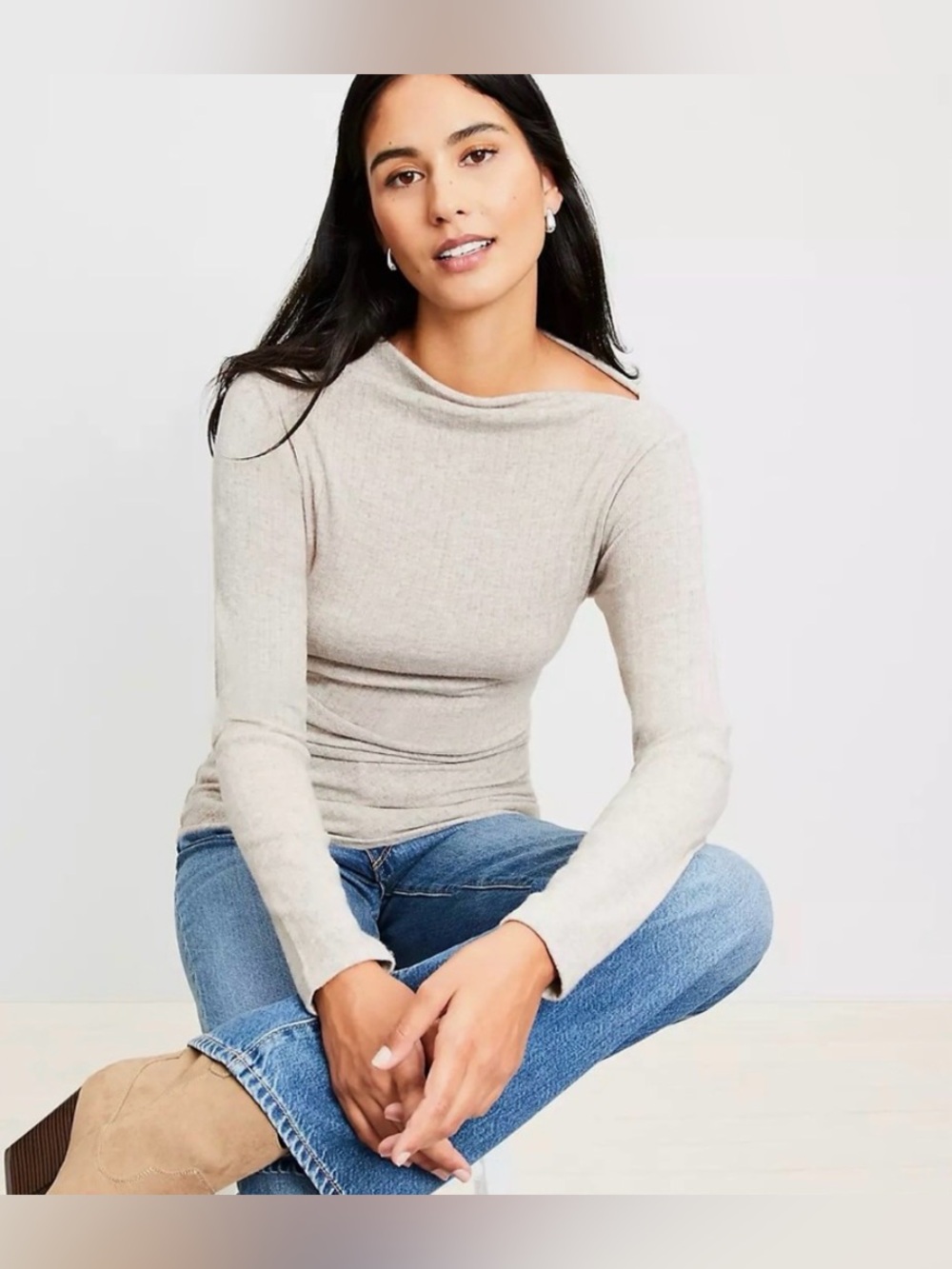 LOFT Heathered Cozy Ribbed Asymmetric
Neck Top - Picture 3 of 8
